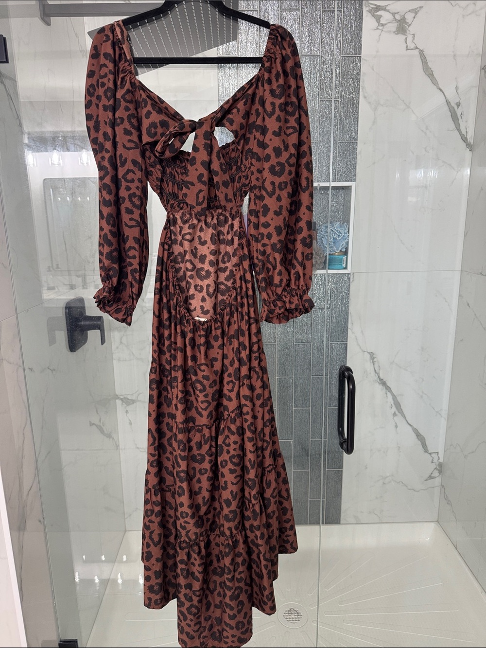 Brown Leopard Print Puff Sleeve Midi Dress - Picture 2 of 4